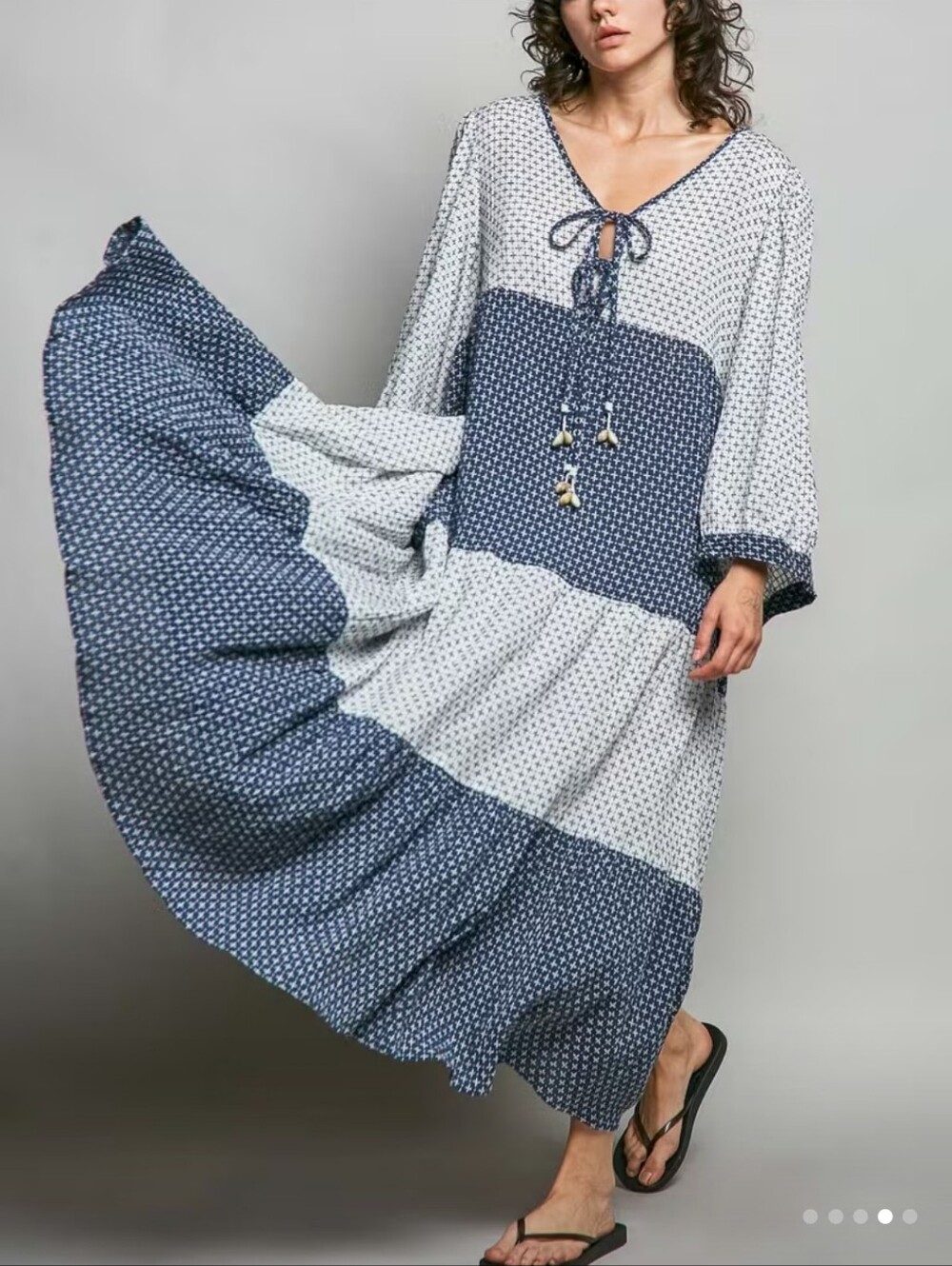 417.POL Bohemian Gauzy Navy and Off White Tiered Maxi Dress With Sea Shels